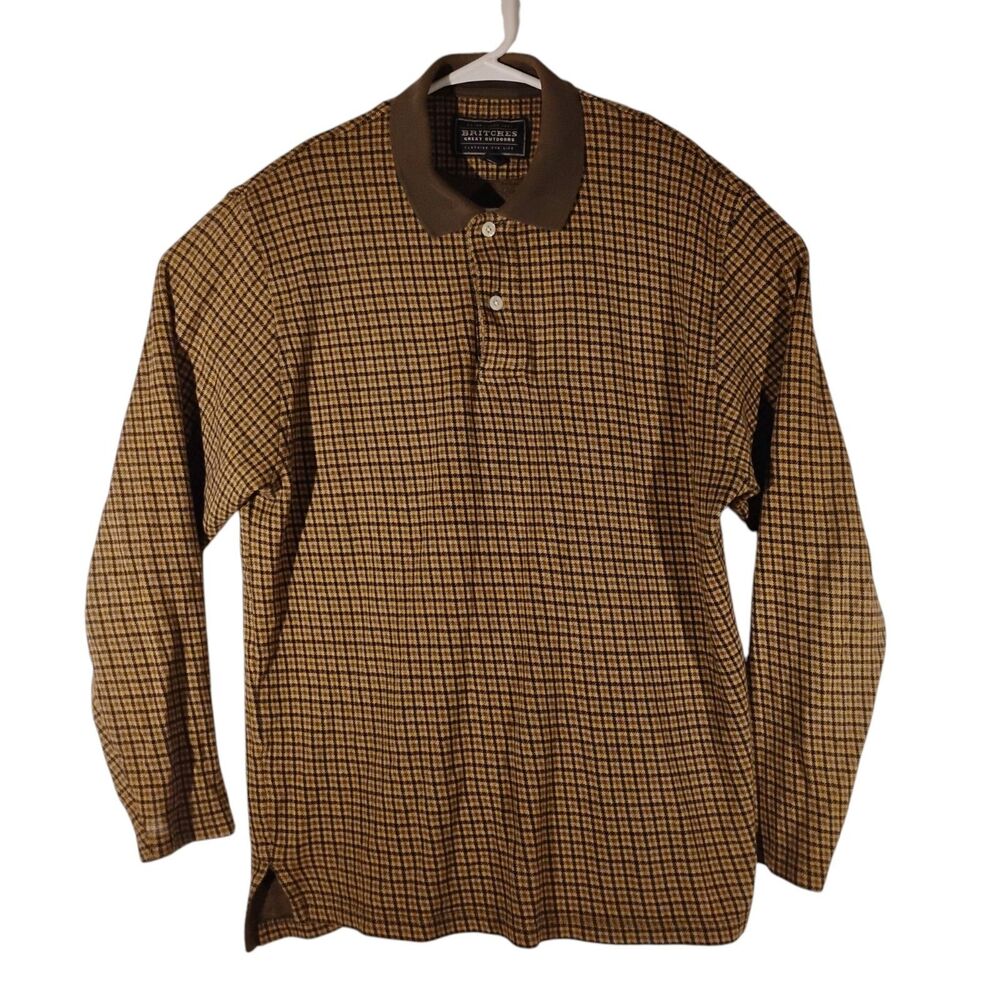 Britches vintage polo shirt mens L Large brown plaid long sleeve rugby style
